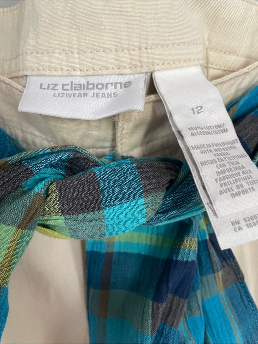 NWT Liz Claiborne Cream Cotton Chinos with Blue Plaid Waist Tie Womens size 12 - Picture 8 of 9